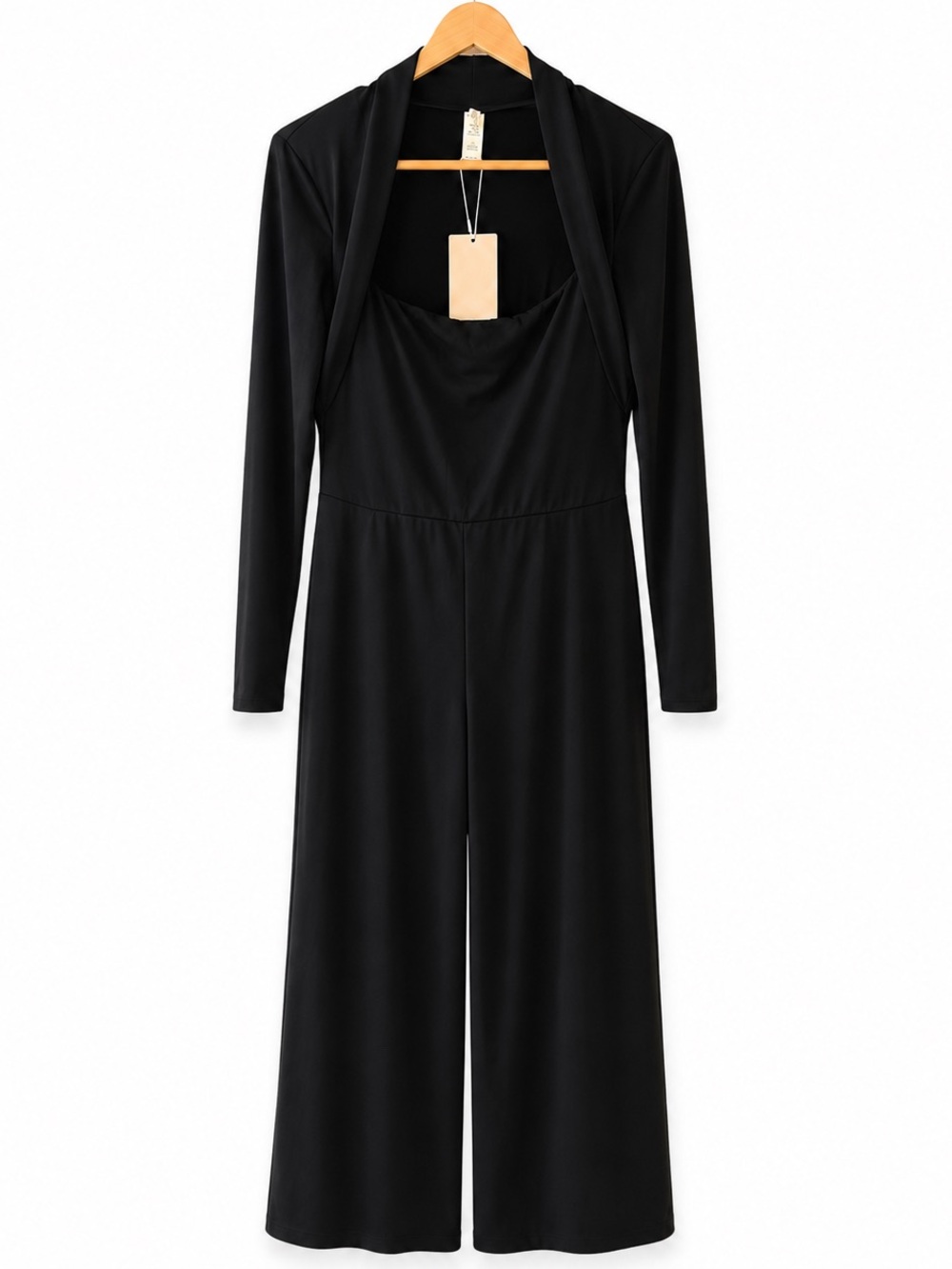 Halara Black Long Sleeve Wide Leg Jumpsuit Square Neck Stretch Size L NWT
